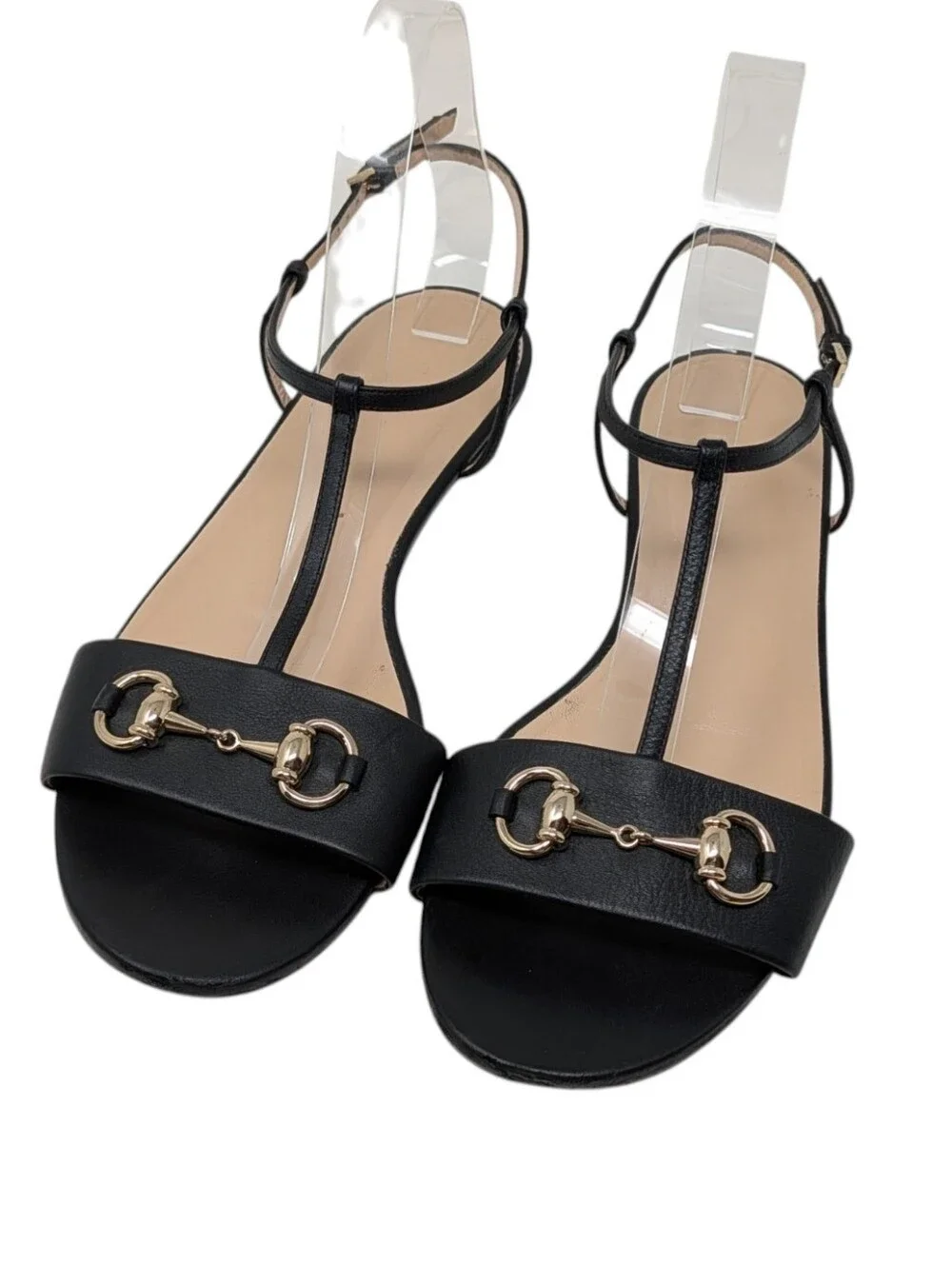 Gucci Horsebit Flat Black Leather T-Strap Sandals Size EU 40.5